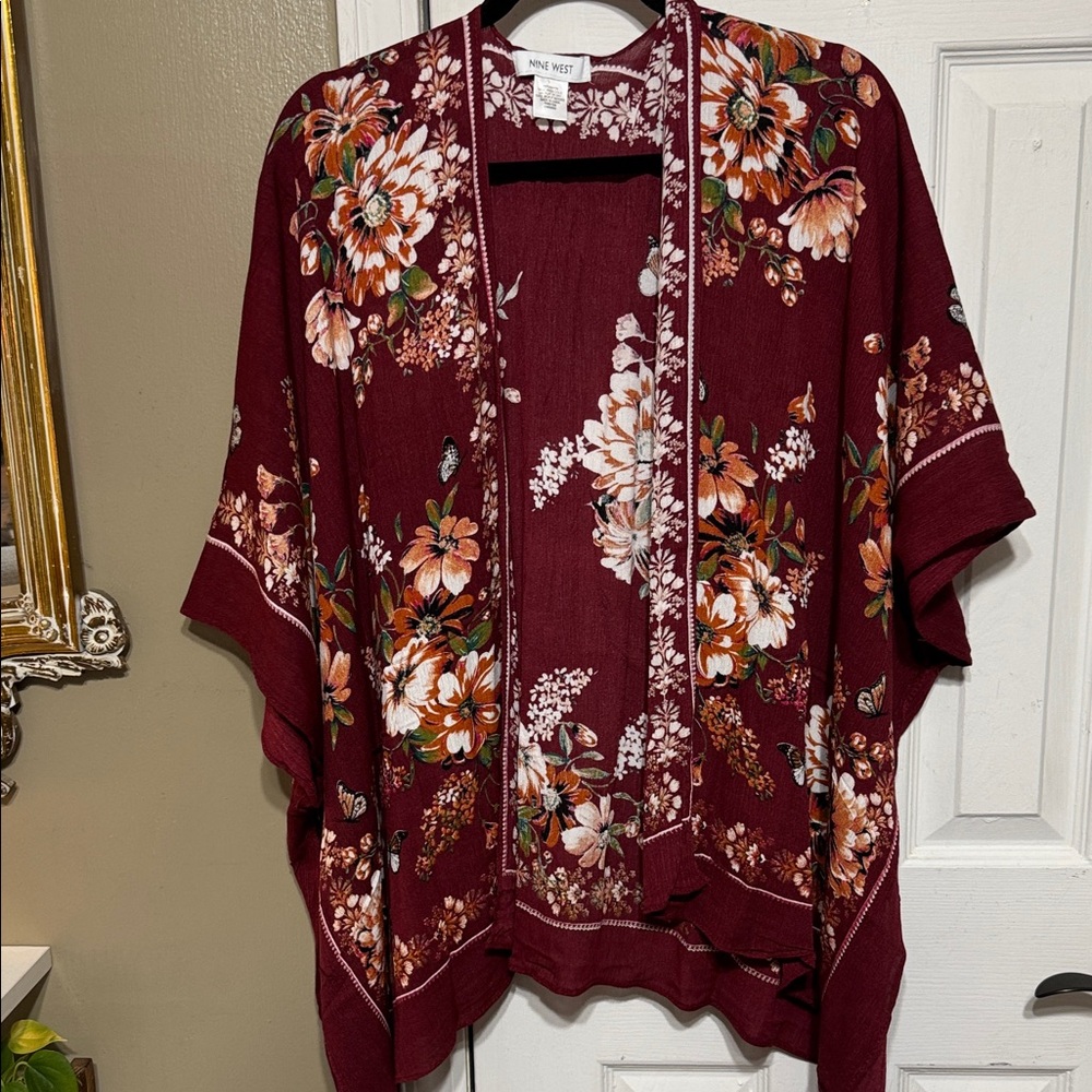 Nine West Burgundy Floral Butterflies Kimono